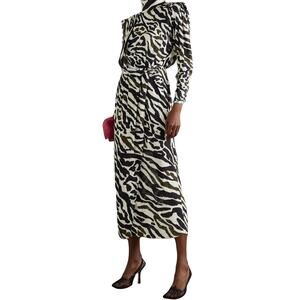 NWT DUNDAS Dress 38~S Black White Geo Button Pleat Puff-Long-Sleeve Midi“Dakota”